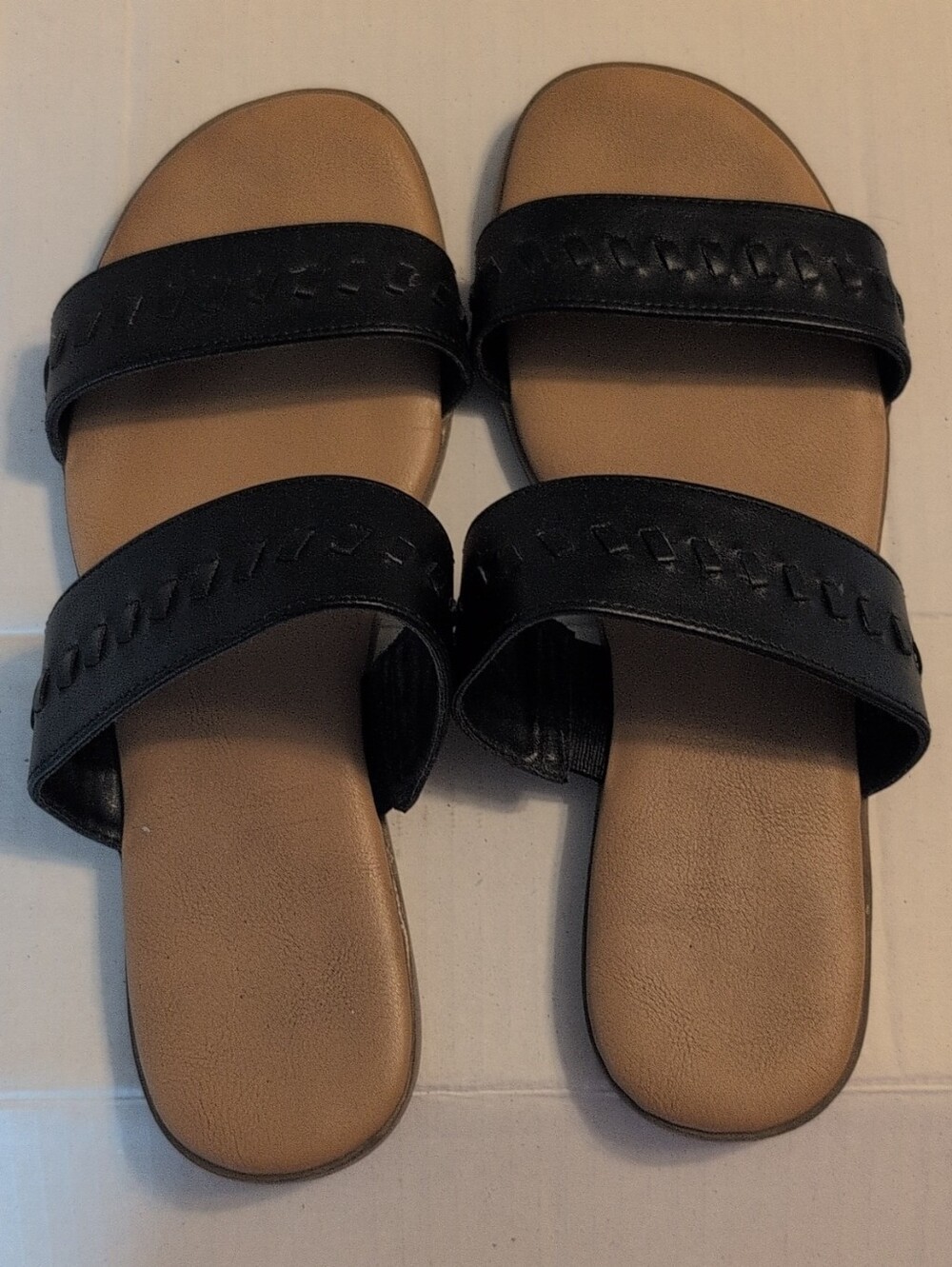 LC Lauren Conrad Black Double-Strap Slide Sandals with Tan Footbed